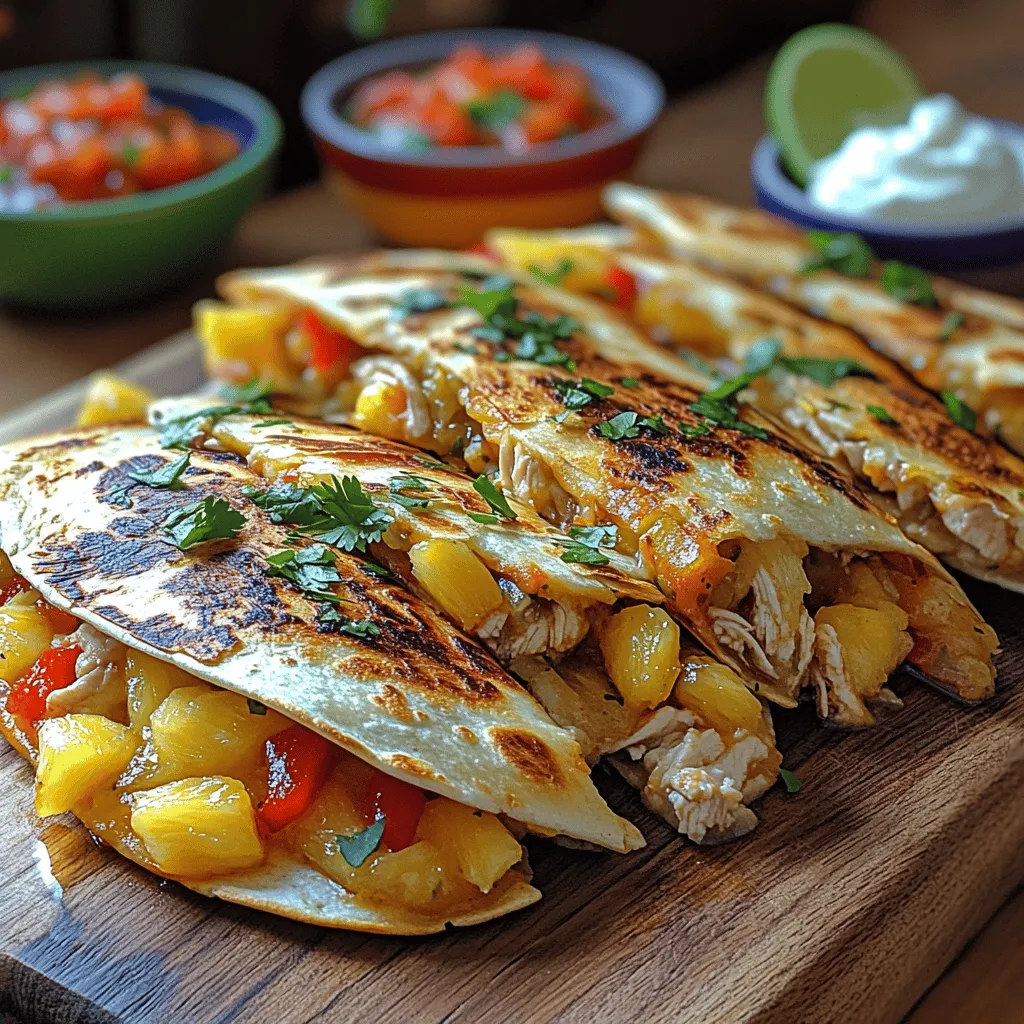 If you're searching for a vibrant and flavorful meal option, look no further than Zesty Pineapple Chicken Quesadillas. This dish is a delightful fusion of savory and sweet, making it a perfect choice for quick weeknight dinners, relaxed gatherings, or casual lunches. Imagine biting into a warm, crispy quesadilla filled with tender chicken, juicy pineapple, and gooey cheese, all harmoniously complemented by fresh vegetables and zesty seasonings. It’s a culinary adventure that brings a taste of the tropics to your dinner table.