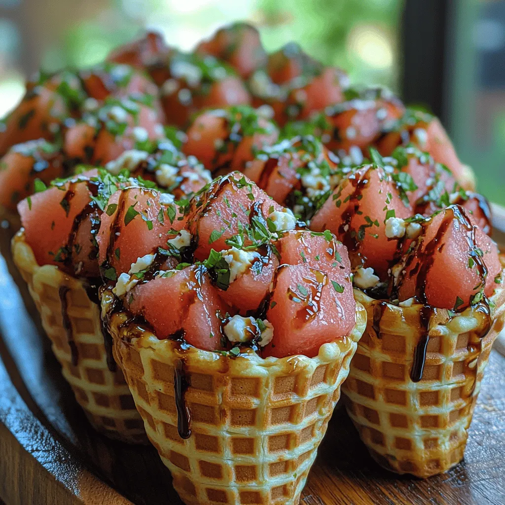 As the days grow longer and the sun shines brighter, summer invites us to indulge in refreshing, light snacks that celebrate the season's bounty. Among these delightful treats, <strong>Basil Watermelon Feta Cones</strong> stand out as a vibrant and unique appetizer that encapsulates the essence of summer in every bite. This recipe marries the sweetness of juicy watermelon with the creaminess of feta cheese and the aromatic touch of fresh basil, creating a flavorful and visually stunning dish perfect for any gathering.” /></p>
</p>
<h3>Optional Ingredients: Balsamic Glaze</h3>
</p>
<p>For those looking to elevate their Basil Watermelon Feta Cones, a drizzle of balsamic glaze can add a delightful touch of sweetness and tang. This optional ingredient not only enhances the flavor profile of the dish but also adds an appealing visual element. The richness of the glaze contrasts beautifully with the freshness of the watermelon and the creaminess of the feta, creating a balanced experience that tantalizes the taste buds.</p>
</p>
<h4>Types of Balsamic Glaze and Where to Find Them</h4>
</p>
<p>There are various types of balsamic glaze available on the market, ranging from traditional to modern artisanal varieties. You can find balsamic glazes in most grocery stores, typically in the dressings or condiments aisle. Here are a few options to consider:</p>
</p>
<p>1. <strong>Traditional Balsamic Vinegar</strong>: This has a complex flavor profile and works well when reduced to create a glaze. It may require some preparation and time to achieve the desired thickness.</p>
</p>
<p>2. <strong>Commercial Balsamic Glaze</strong>: Ready-to-use options are available, often made with added sweeteners. These glazes are convenient and can add a rich flavor without any additional work.</p>
</p>
<p>3. <strong>Flavored Balsamic Glaze</strong>: Look for variations infused with fruits like fig, raspberry, or peach, which can complement the watermelon in exciting ways.</p>
</p>
<p>When selecting a balsamic glaze, check the ingredient list to ensure you’re getting a quality product with natural ingredients. A high-quality glaze can significantly enhance your dish, providing a gourmet touch that impresses guests.</p>
</p>
<h3>Step-by-Step Instructions</h3>
</p>
<h4>Preparing the Watermelon: Techniques for Cubing and Shaping</h4>
</p>
<p>To start, you need to prepare the watermelon, which is the star of this dish. Choose a ripe, seedless watermelon for the best flavor. Begin by cutting the watermelon in half, and then slice each half into manageable quarters.</p>
</p>
<p>1. <strong>Cubing</strong>: Using a sharp knife, make vertical and horizontal cuts in the flesh, being careful not to cut through the rind. Use a spoon to scoop out the cubes, making sure to keep them uniform in size for a polished appearance.</p>
</p>
<p>2. <strong>Shaping</strong>: If you want to create a more elegant presentation, consider using a melon baller instead. This will yield perfectly round scoops that fit beautifully in your cones.</p>
</p>
<h4>Mixing the Feta: Ensuring Even Distribution of Flavors</h4>
</p>
<p>Once your watermelon is prepared, it’s time to mix the feta. Crumbled feta cheese is essential for bringing that creamy, salty flavor to the dish.</p>
</p>
<p>1. <strong>Crumble the Feta</strong>: Place your feta cheese in a mixing bowl. Use a fork to crumble it into smaller pieces, ensuring a consistent texture.</p>
</p>
<p>2. <strong>Flavoring</strong>: If desired, add a splash of olive oil, chopped fresh basil, and a pinch of black pepper to the feta. Mix gently to ensure the flavors are well-distributed but be careful not to overwork the cheese, as you want to keep some texture.</p>
</p>
<h4>Making the Dressing: Importance of Balancing Sweet and Tangy</h4>
</p>
<p>The dressing is crucial for tying all the flavors together. For this dish, a simple dressing of olive oil, lemon juice, salt, and pepper works wonders.</p>
</p>
<p>1. <strong>Combine Ingredients</strong>: In a small bowl, whisk together 2 tablespoons of olive oil with the juice of one lemon. Add salt and pepper to taste.</p>
</p>
<p>2. <strong>Taste Test</strong>: Adjust the sweetness and tanginess by adding more lemon juice or olive oil according to your preference. The goal is to achieve a balance that complements both the watermelon and feta.</p>
</p>
<h4>Combining Ingredients: Tips for Maintaining Texture and Flavor Integrity</h4>
</p>
<p>Now that you have your watermelon, feta, and dressing ready, it’s time to combine them.</p>
</p>
<p>1. <strong>Mixing</strong>: In a large bowl, gently toss the watermelon cubes with the feta mixture. Be cautious not to crush the watermelon; you want to keep the cubes intact for a visually appealing presentation.</p>
</p>
<p>2. <strong>Dressing It Up</strong>: Drizzle the dressing over the mixture and toss lightly to ensure everything is coated. Again, be gentle to maintain the integrity of the watermelon cubes.</p>
</p>
<h4>Filling the Cones: Techniques to Avoid Overflow and Achieve a Beautiful Presentation</h4>
</p>
<p>The next step is filling your cones.</p>
</p>
<p>1. <strong>Select Your Cones</strong>: Choose sturdy cones that can hold the mixture without bending or breaking. If you can’t find pre-made cones, you can create your own using parchment paper.</p>
</p>
<p>2. <strong>Filling</strong>: Start by placing a few pieces of watermelon at the bottom of the cone. This will help create a stable base. Then, add a few spoonfuls of the feta mixture on top.</p>
</p>
<p>3. <strong>Layering</strong>: Continue layering until the cone is full, but avoid overfilling to prevent spillage. Aim for a balanced look, showcasing both the watermelon and feta.</p>
</p>
<h4>Drizzling and Garnishing: Adding That Gourmet Touch</h4>
</p>
<p>After filling the cones, it’s time to finish them off with a drizzle of balsamic glaze.</p>
</p>
<p>1. <strong>Drizzling</strong>: Use a spoon or a squeeze bottle to drizzle the balsamic glaze over the filled cones. This not only adds flavor but also creates an artistic presentation.</p>
</p>
<p>2. <strong>Garnishing</strong>: For a final touch, sprinkle some freshly chopped basil or a pinch of black pepper over the top. This enhances the visual appeal and adds an extra layer of flavor.</p>
</p>
<h3>Serving Suggestions: Best Practices for Presentation and Serving Immediacy</h3>
</p>
<p>For the best experience, serve the Basil Watermelon Feta Cones immediately after assembling. This ensures that the watermelon remains juicy and the feta retains its creamy texture.</p>
</p>
<p>1. <strong>Presentation</strong>: Arrange the cones on a large platter, standing upright if possible. This creates an inviting display that encourages guests to dive in.</p>
</p>
<p>2. <strong>Serving Size</strong>: Depending on your gathering, consider serving two or three cones per person as an appetizer. This allows guests to enjoy the refreshing flavors without feeling overwhelmed.</p>
</p>
<p>3. <strong>Pairing Ideas</strong>: Complement your cones with a chilled white wine or a light cocktail for a refreshing experience, especially on warm summer days.</p>
</p>
<h3>Nutritional Information</h3>
</p>
<p>Understanding the nutritional value of your dish can help you appreciate its health benefits. Each serving of Basil Watermelon Feta Cones typically contains:</p>
</p>
<p>– <strong>Calories</strong>: Approximately 120-150 calories per cone.</p>
<p>– <strong>Fats</strong>: Around 8 grams, primarily from the feta cheese and olive oil.</p>
<p>– <strong>Proteins</strong>: Approximately 4 grams, mainly sourced from the feta.</p>
<p>– <strong>Carbohydrates</strong>: About 10-12 grams, depending largely on the watermelon content.</p>
</p>
<p>This dish is low in calories, refreshing, and packed with nutrients. The watermelon provides hydration and vitamins, while feta adds protein and calcium.</p>
</p>
<p>For those looking for dietary adjustments, consider using vegan feta or omitting cheese altogether. You can also replace the feta with avocado for a creamy texture that aligns with plant-based diets.</p>
</p>
<h3>Creative Variations and Additions</h3>
</p>
<p>The beauty of Basil Watermelon Feta Cones lies in their versatility. Here are some creative variations to explore:</p>
</p>
<p>1. <strong>Flavor Variations</strong>: Incorporate other fruits like strawberries or peaches for added sweetness and depth. Mixing different fruits can create a colorful and flavorful medley that enhances the dish.</p>
</p>
<p>2. <strong>Cheese Substitutions</strong>: Experiment with different cheeses, such as goat cheese or ricotta. Each cheese brings its own flavor profile, allowing for personalized adaptations based on your preferences.</p>
</p>
<p>3. <strong>Spice It Up</strong>: For those who enjoy a bit of heat, consider adding a sprinkle of red pepper flakes or a dash of cayenne pepper to the feta mixture. This adds an exciting kick that balances well with the sweetness of the watermelon.</p>
</p>
<h3>Conclusion</h3>
</p>
<p>Basil Watermelon Feta Cones are not just a delightful summer snack or appetizer; they are a celebration of flavors and freshness. The combination of sweet watermelon, creamy feta, and aromatic basil creates a refreshing and vibrant dish that is sure to impress.</p>
</p>
<p>With health benefits deriving from the nutritious ingredients and the opportunity for creativity through various substitutions and additions, this recipe invites you to explore the potential of seasonal produce. As you enjoy the refreshing flavors of this unique dish, consider how you can make it your own with different fruits, cheeses, and spices.</p>
</p>
<p>So gather your ingredients, embrace your creativity in the kitchen, and enjoy the refreshing delight of Basil Watermelon Feta Cones—perfect for any summer gathering or as a nutritious snack any time of the year.</p>
</div>