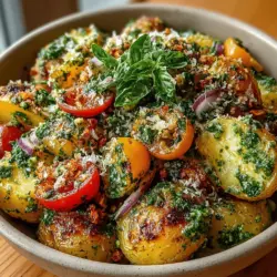 Basil Pesto Potato Salad represents a delightful fusion of classic and contemporary culinary styles, infusing the traditional potato salad with the vibrant and aromatic essence of homemade basil pesto. This dish is not just a side; it’s an experience, perfect for elevating any gathering—from summer barbecues and picnics to casual family dinners. With its vivid colors and rich flavors, this salad is bound to impress not just the palate but the eyes as well.