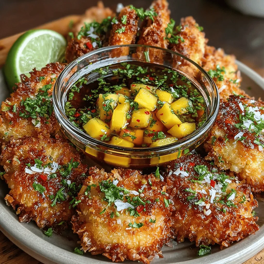 Imagine sinking your teeth into a perfectly crispy chicken tender, encased in a golden-brown crust of coconut and panko breadcrumbs, complemented by a sweet and spicy chili mango dip. This dish, Crispy Coconut Chicken with Chili Mango Dip, is a delightful fusion of textures and flavors that transports you to a sun-soaked beach with every bite. The crunchy exterior of the chicken contrasts beautifully with the luscious, tangy dip, making it an irresistible treat for any occasion.