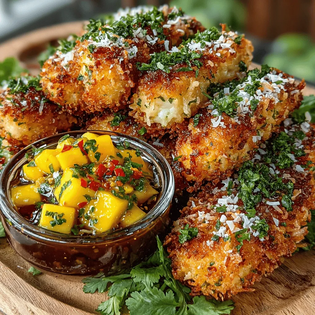 Imagine sinking your teeth into a perfectly crispy chicken tender, encased in a golden-brown crust of coconut and panko breadcrumbs, complemented by a sweet and spicy chili mango dip. This dish, Crispy Coconut Chicken with Chili Mango Dip, is a delightful fusion of textures and flavors that transports you to a sun-soaked beach with every bite. The crunchy exterior of the chicken contrasts beautifully with the luscious, tangy dip, making it an irresistible treat for any occasion.