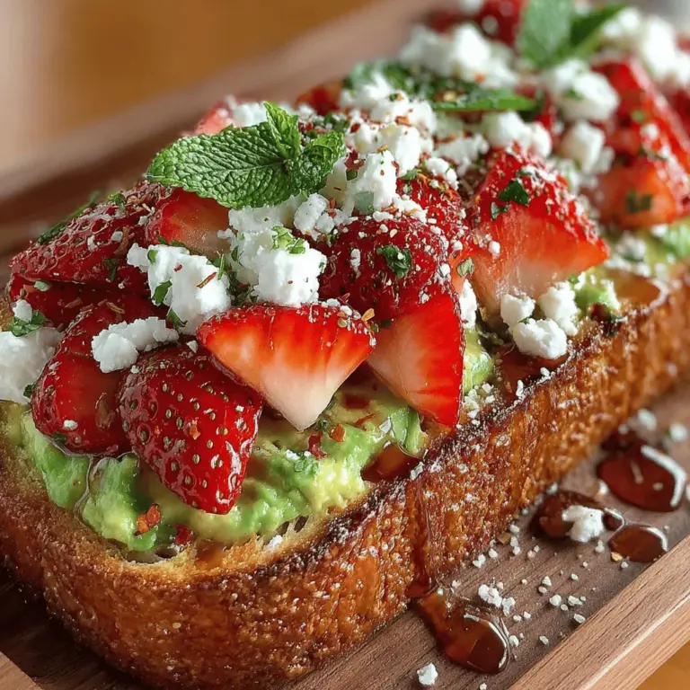 The Strawberry Avocado Dream Toast is a culinary delight that beautifully marries flavors and textures, creating a breakfast, brunch, or snack option that is as visually stunning as it is satisfying. This vibrant dish showcases the creamy richness of avocado, the juicy sweetness of ripe strawberries, and a touch of tanginess from cheese—all layered atop a crispy, hearty slice of whole grain bread. With its bright colors and fresh ingredients, this toast not only pleases the palate but also serves as a nourishing choice packed with essential nutrients. Whether you’re looking to kick-start your day or enjoy a light afternoon treat, this recipe is sure to become a favorite in your kitchen.