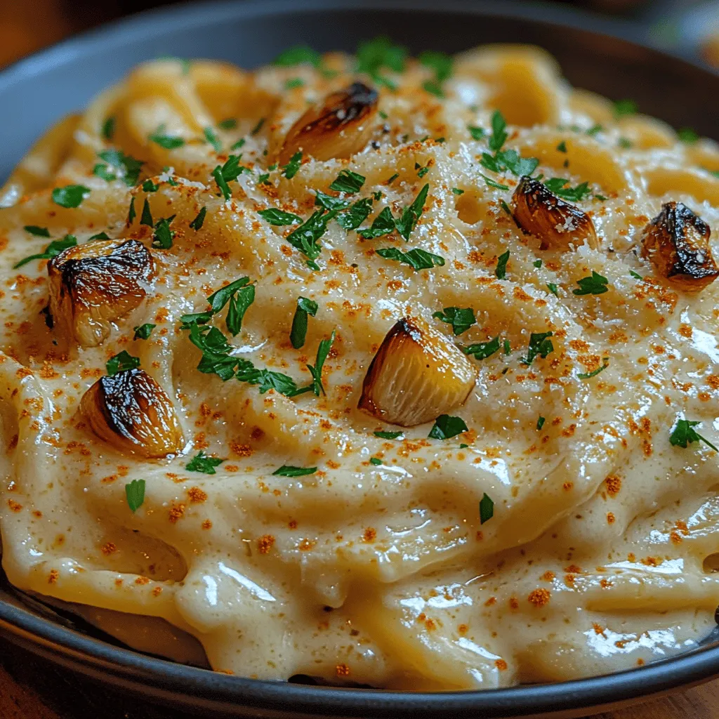 <strong>Introduction</strong>” /></p>
</p>
<h2>The Importance of Reserving Pasta Water for Sauce Consistency</h2>
</p>
<p>When preparing pasta dishes, especially creamy sauces like Alfredo, reserving pasta water is a crucial step that shouldn’t be overlooked. As pasta cooks, it releases starch into the boiling water, which can be used to adjust the thickness and texture of your sauce. This starchy water acts as a natural thickener, helping to create a velvety consistency that clings beautifully to each strand of pasta.</p>
</p>
<p>As you combine your pasta with the sauce, start by adding a small amount of the reserved pasta water. This will help to loosen the sauce, allowing it to coat the pasta evenly and prevent it from becoming too thick or clumpy. If you find that your sauce is still too thick, continue adding water a tablespoon at a time until you achieve the desired consistency. This simple technique can elevate your Alfredo from good to exceptional.</p>
</p>
<h2>Crafting the Alfredo Sauce</h2>
</p>
<p>To create the perfect creamy roasted garlic Alfredo sauce, the first step is to roast the garlic, which infuses the sauce with a rich and mellow flavor. Begin by preheating your oven to 400°F (200°C). Take a whole bulb of garlic, slice off the top to expose the cloves, drizzle with olive oil, and wrap it in foil. Roast it in the oven for about 30-35 minutes, or until the cloves are soft and caramelized.</p>
</p>
<p>Once your garlic is roasted and fragrant, allow it to cool slightly before squeezing the cloves out of their skins into a blender or food processor. To this, add heavy cream, freshly grated Parmesan cheese, and a pinch of salt and pepper. Blend until smooth and creamy. The key to a successful Alfredo sauce is to ensure that all the ingredients are well incorporated and that the sauce is free of lumps.</p>
</p>
<h2>Techniques for Infusing Garlic Flavor into the Sauce</h2>
</p>
<p>While roasted garlic provides a deep, sweet flavor, there are additional techniques to enhance the garlic presence in your Alfredo sauce. Consider adding minced fresh garlic to the sauce after sautéing it in butter before incorporating the cream. This method brings out a sharper garlic flavor that complements the roasted garlic perfectly.</p>
</p>
<p>For an even more pronounced garlic flavor, you can also finish the sauce with a drizzle of garlic-infused olive oil. This adds a layer of richness and aroma that elevates the overall taste of the dish. Experimenting with different types of garlic, such as black garlic, can also introduce unique flavor profiles that make your Alfredo sauce stand out.</p>
</p>
<h2>Tips for Achieving the Perfect Texture and Thickness</h2>
</p>
<p>Texture is key when it comes to Alfredo sauce. Here are some tips to ensure your sauce is luxuriously creamy without being overly thick:</p>
</p>
<p>1. <strong>Use High-Quality Ingredients</strong>: The quality of your cream and cheese directly impacts the sauce’s flavor and texture. Opt for fresh, high-fat cream and good-quality Parmesan cheese.</p>
</p>
<p>2. <strong>Heat Gently</strong>: When combining the cream and cheese, heat them gently over low to medium heat. High heat can cause the cream to separate, resulting in a grainy texture.</p>
</p>
<p>3. <strong>Stir Constantly</strong>: As you melt the cheese into the cream, stir constantly to promote even melting and prevent sticking. A whisk works wonderfully for this purpose.</p>
</p>
<p>4. <strong>Adjust with Pasta Water</strong>: As mentioned earlier, always keep pasta water on hand to adjust the sauce’s thickness. This will help you achieve the perfect creamy consistency.</p>
</p>
<h2>Combining the Pasta and Sauce</h2>
</p>
<p>Once your pasta is cooked al dente and your Alfredo sauce is ready, it’s time to combine the two. Drain the pasta, making sure to reserve that essential pasta water. In a large skillet or pot, add the cooked pasta and pour in the Alfredo sauce. Toss gently with tongs or a spatula, allowing the pasta to fully absorb the sauce.</p>
</p>
<p>It’s important to toss the pasta in the sauce rather than pouring the sauce over the pasta. This ensures an even coating of the sauce on every piece of pasta, enhancing the overall flavor of the dish. If the sauce seems too thick after tossing, add a splash of reserved pasta water to loosen it up.</p>
</p>
<h2>Importance of Tossing the Pasta in the Sauce for Even Coating</h2>
</p>
<p>Properly tossing the pasta in the sauce is crucial for achieving an evenly coated dish. This technique allows the sauce to envelop the pasta, ensuring that every bite is flavorful. When you toss the pasta, be gentle to avoid breaking the noodles, especially if you’re using delicate varieties like fettuccine.</p>
</p>
<p>For an even fancier touch, you can add a sprinkle of freshly cracked black pepper, a touch of nutmeg, or chopped parsley to enhance presentation and flavor as you toss the pasta. The visual appeal will make your dish even more inviting and enjoyable.</p>
</p>
<h2>Adjusting Seasoning for Optimal Flavor</h2>
</p>
<p>Before serving, taste your Alfredo pasta and adjust the seasoning if necessary. A pinch of salt, freshly cracked black pepper, or even a dash of red pepper flakes can elevate the flavors. If you’re looking for a bit more acidity, a squeeze of fresh lemon juice can brighten the dish and balance the richness of the cream.</p>
</p>
<p>Remember, seasoning should be adjusted gradually, so start with small amounts and build up until the flavor profile is just right.</p>
</p>
<h2>Serving Suggestions</h2>
</p>
<h3>Ideas for Plating the Dish Aesthetically</h3>
</p>
<p>Presentation can take your creamy roasted garlic Alfredo from ordinary to extraordinary. Here are some ideas to make your dish visually appealing:</p>
</p>
<p>1. <strong>Twirl the Pasta</strong>: Use a fork or tongs to twirl the pasta into a nest shape on the plate. This creates an appealing height and depth on the plate.</p>
</p>
<p>2. <strong>Garnish</strong>: Sprinkle fresh parsley or basil on top for a pop of color. A sprinkle of grated Parmesan cheese adds texture and enhances the dish’s rich flavor.</p>
</p>
<p>3. <strong>Drizzle with Olive Oil</strong>: A light drizzle of high-quality extra virgin olive oil over the finished dish can add shine and richness.</p>
</p>
<p>4. <strong>Serve in Bowls</strong>: For a rustic presentation, serve the Alfredo in shallow bowls, allowing the sauce to pool around the pasta.</p>
</p>
<h3>Recommended Pairings</h3>
</p>
<p>Pairing your creamy roasted garlic Alfredo with the right accompaniments can enhance the dining experience. Here are some recommendations:</p>
</p>
<p>– <strong>Wine</strong>: A crisp white wine, such as Sauvignon Blanc or Chardonnay, complements the creaminess of the sauce beautifully. For red wine lovers, a light Pinot Noir can also work well.</p>
</p>
<p>– <strong>Side Dishes</strong>: A simple arugula salad with a lemon vinaigrette provides a refreshing contrast to the richness of the Alfredo. Garlic bread or a side of roasted vegetables can also be delightful additions.</p>
</p>
<h3>Variations for Dietary Preferences</h3>
</p>
<p>To cater to different dietary needs, consider these variations for your creamy roasted garlic Alfredo:</p>
</p>
<p>– <strong>Gluten-Free Pasta</strong>: Substitute traditional pasta with gluten-free alternatives made from rice, quinoa, or chickpeas. These options maintain a great texture and flavor.</p>
</p>
<p>– <strong>Vegan Alternatives</strong>: For a vegan version, use cashew cream or coconut milk as a base for the sauce, nutritional yeast for a cheesy flavor, and omit dairy altogether. Roasted garlic remains a key component for flavor.</p>
</p>
<p>– <strong>Protein Additions</strong>: For those looking to add protein, consider grilled chicken, shrimp, or sautéed mushrooms.</p>
</p>
<h2>Cultural and Culinary Context</h2>
</p>
<h3>Brief History of Alfredo Sauce and Its Italian Origins</h3>
</p>
<p>Alfredo sauce has its roots in Italy, specifically in Rome during the early 20th century. It was created by Alfredo di Lelio, who made a simple yet decadent dish for his wife using butter and Parmesan cheese, which he named “Fettuccine Alfredo.” The dish gained popularity and eventually made its way to the United States, where it evolved into the creamy sauce we know today.</p>
</p>
<h3>The Evolution of Creamy Pasta Dishes in Modern Cuisine</h3>
</p>
<p>Over the years, creamy pasta dishes have become a staple in many cuisines around the world. Chefs have experimented with various ingredients, leading to innovative versions of traditional recipes. The incorporation of roasted garlic, herbs, and spices has transformed Alfredo into a versatile dish that can be customized to suit various palates.</p>
</p>
<h3>Popularity of Garlic in Various Culinary Traditions</h3>
</p>
<p>Garlic has been a beloved ingredient across cultures for centuries. Known for its robust flavor and health benefits, it is a staple in Mediterranean, Asian, and Latin American cuisines. The use of roasted garlic in Alfredo sauce not only enhances its flavor but also contributes to the dish’s popularity by tapping into the universal appeal of garlic.</p>
</p>
<h2>Nutritional Breakdown</h2>
</p>
<h3>Analysis of the Nutritional Content per Serving</h3>
</p>
<p>When enjoying creamy roasted garlic Alfredo, it’s essential to be mindful of its nutritional content. A typical serving contains approximately:</p>
</p>
<p>– Calories: 600-700</p>
<p>– Protein: 20-25g</p>
<p>– Fat: 35-40g (mostly from cream and cheese)</p>
<p>– Carbohydrates: 50-60g</p>
</p>
<p>While this dish is indulgent, it can still be enjoyed as part of a balanced diet, especially when paired with lighter side dishes.</p>
</p>
<h3>Discussion on Balancing Indulgence with Nutrition</h3>
</p>
<p>To enjoy creamy dishes like Alfredo without guilt, consider portion control and balance. Pairing your meal with a salad or vegetables can help counteract the richness and increase fiber intake. Additionally, using whole-grain pasta can provide added nutrients and fiber.</p>
</p>
<p>Eating creamy dishes in moderation allows you to savor the flavors without compromising your health goals.</p>
</p>
<h3>Tips for Enjoying Creamy Dishes in Moderation</h3>
</p>
<p>– Opt for smaller portions and savor each bite to fully appreciate the flavors.</p>
<p>– Balance your meal with lighter sides to create a well-rounded plate.</p>
<p>– Experiment with lighter recipes that incorporate similar flavors but reduce the creaminess.</p>
</p>
<h2>Conclusion</h2>
</p>
<p>Creamy roasted garlic Alfredo is not just a meal; it’s an experience filled with rich flavors and comforting textures. Its versatility allows for endless adaptations, making it a perfect dish for any occasion, whether it’s a cozy night in or a gathering with friends.</p>
</p>
<p>By trying your hand at this recipe, you’re not just feeding yourself but also creating memories around the dining table. Cooking can be a joyful adventure, and sharing homemade meals with loved ones is one of life’s greatest pleasures. So gather your ingredients, embrace the process, and enjoy the delightful journey of making your own creamy roasted garlic Alfredo at home.</p>
</div>