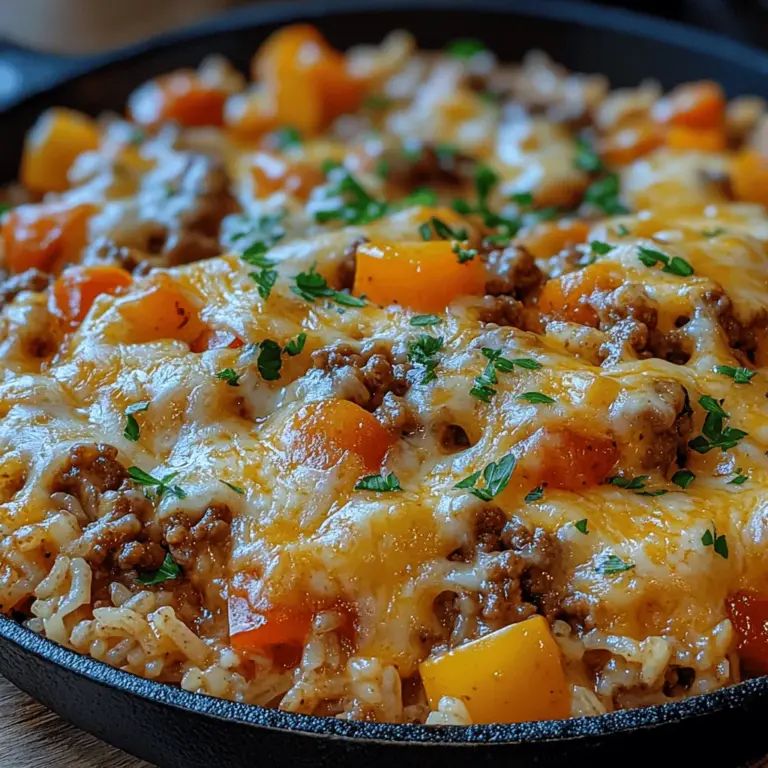In the realm of quick and delicious meals, the Cheesy Ground Beef and Rice Skillet stands out as a family favorite that never fails to satisfy. This one-pan dish combines tender ground beef, fluffy rice, and gooey cheese, creating a comforting meal that is not only easy to prepare but also packed with flavor. Its appeal lies in its simplicity and the harmonious blend of textures and tastes, making it a perfect choice for busy weeknights or casual gatherings.