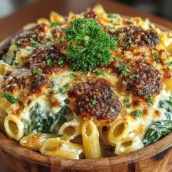 When it comes to comfort food, few dishes rival the creamy indulgence of baked pasta. Enter the Cheesy Spinach Delight: Baked Penne Alfredo—a dish that perfectly marries the rich flavors of Alfredo sauce with the wholesome goodness of fresh spinach. This delightful recipe is not only a feast for the senses but also a nourishing option that makes for an ideal centerpiece at family dinners, gatherings, or even a cozy night in. The combination of pasta, cheese, and vibrant greens creates a dish that is both satisfying and comforting, sure to please even the pickiest eaters.
