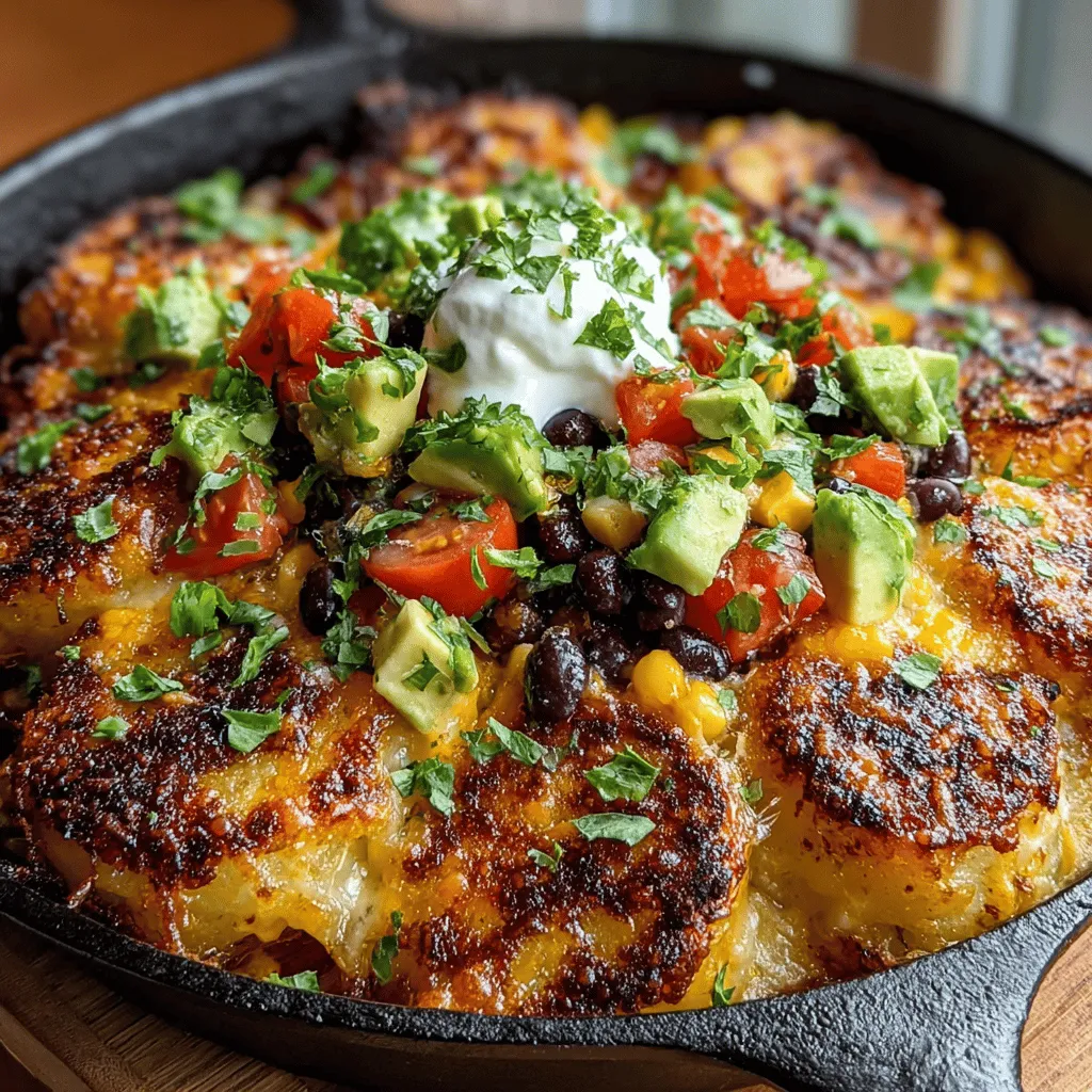 The Crispy Parmesan Potato Nacho Skillet is a delightful culinary innovation that elevates the traditional nacho experience to a whole new level. Imagine replacing the typical tortilla chips with perfectly crispy potato slices, topped with an indulgent blend of rich cheeses, savory toppings, and vibrant garnishes. This dish seamlessly combines comfort and gourmet flair, making it an ideal option for entertaining guests or enjoying a cozy night in with family.