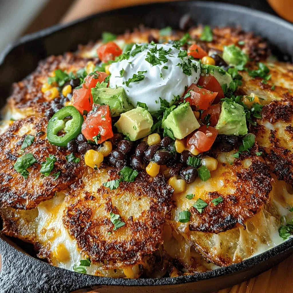 The Crispy Parmesan Potato Nacho Skillet is a delightful culinary innovation that elevates the traditional nacho experience to a whole new level. Imagine replacing the typical tortilla chips with perfectly crispy potato slices, topped with an indulgent blend of rich cheeses, savory toppings, and vibrant garnishes. This dish seamlessly combines comfort and gourmet flair, making it an ideal option for entertaining guests or enjoying a cozy night in with family.