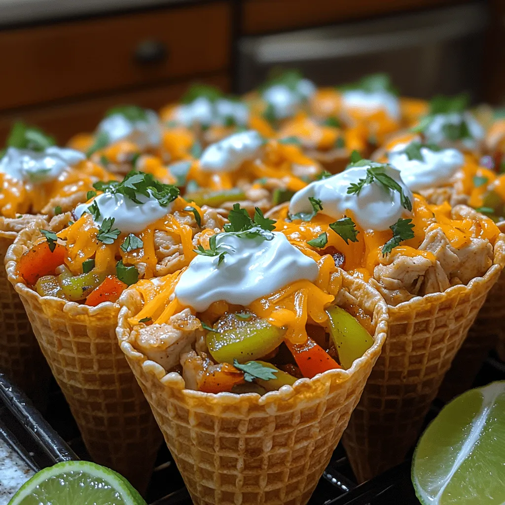 Mini Chicken Fajita Taco Cones are a delightful and innovative take on traditional tacos, designed to elevate your dining experience with a fun, portable twist. These bite-sized cones not only offer a burst of flavor but also present a charming and visually appealing way to serve a classic favorite. Whether you’re planning a lively party, gearing up for an exciting game night, or simply looking to add a new dish to your family meals, these taco cones are sure to impress. They combine seasoned chicken with sautéed vegetables and a variety of delicious toppings, all perfectly nestled within crispy cones or tortilla cups.