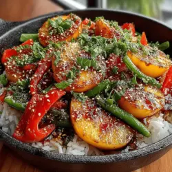 Caramelized Peach & Basil Stir Fry is a delightful culinary creation that marries the sweetness of peaches with the aromatic freshness of basil, resulting in a dish that is both unique and satisfying. This stir fry stands out not only for its vibrant flavors but also for the stunning contrast of textures, where juicy, caramelized peaches play beautifully against crisp vegetables and fragrant herbs. The combination of sweet and savory elements makes this dish a versatile addition to your kitchen repertoire, whether you're looking for a refreshing main course or a savory side to complement grilled meats or seafood.