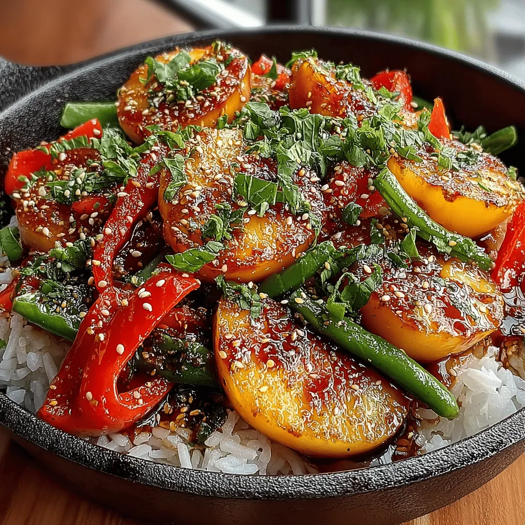 Caramelized Peach & Basil Stir Fry is a delightful culinary creation that marries the sweetness of peaches with the aromatic freshness of basil, resulting in a dish that is both unique and satisfying. This stir fry stands out not only for its vibrant flavors but also for the stunning contrast of textures, where juicy, caramelized peaches play beautifully against crisp vegetables and fragrant herbs. The combination of sweet and savory elements makes this dish a versatile addition to your kitchen repertoire, whether you're looking for a refreshing main course or a savory side to complement grilled meats or seafood.