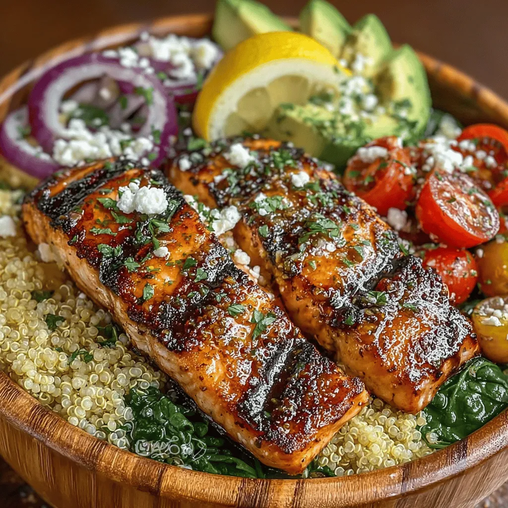 Feta cheese is a delightful addition that elevates the flavor profile of your Grilled Lemon Garlic Salmon Bowls. Its creamy texture and salty taste complement the rich, savory salmon perfectly. When selecting feta, opt for high-quality, crumbly varieties made from sheep's milk or a combination of sheep's and goat's milk for the best flavor. This cheese not only adds a delightful creaminess but also brings a tangy contrast to the lemon and garlic-marinated salmon, enhancing the overall taste experience.