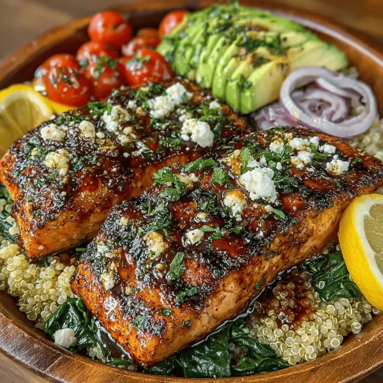 Feta cheese is a delightful addition that elevates the flavor profile of your Grilled Lemon Garlic Salmon Bowls. Its creamy texture and salty taste complement the rich, savory salmon perfectly. When selecting feta, opt for high-quality, crumbly varieties made from sheep's milk or a combination of sheep's and goat's milk for the best flavor. This cheese not only adds a delightful creaminess but also brings a tangy contrast to the lemon and garlic-marinated salmon, enhancing the overall taste experience.