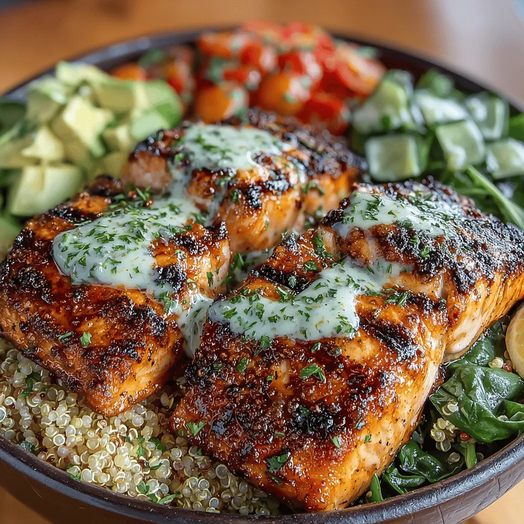 If you're searching for a dish that combines vibrant flavors, health benefits, and a simple preparation method, look no further than Zesty Grilled Lemon Garlic Salmon Bowls. This delightful recipe features succulent salmon fillets marinated in a zesty lemon-garlic mixture, grilled to perfection, and served over a bed of nutritious grains and fresh vegetables. The result is a colorful, satisfying meal that appeals to both the taste buds and the senses, making it a perfect option for lunch or dinner.